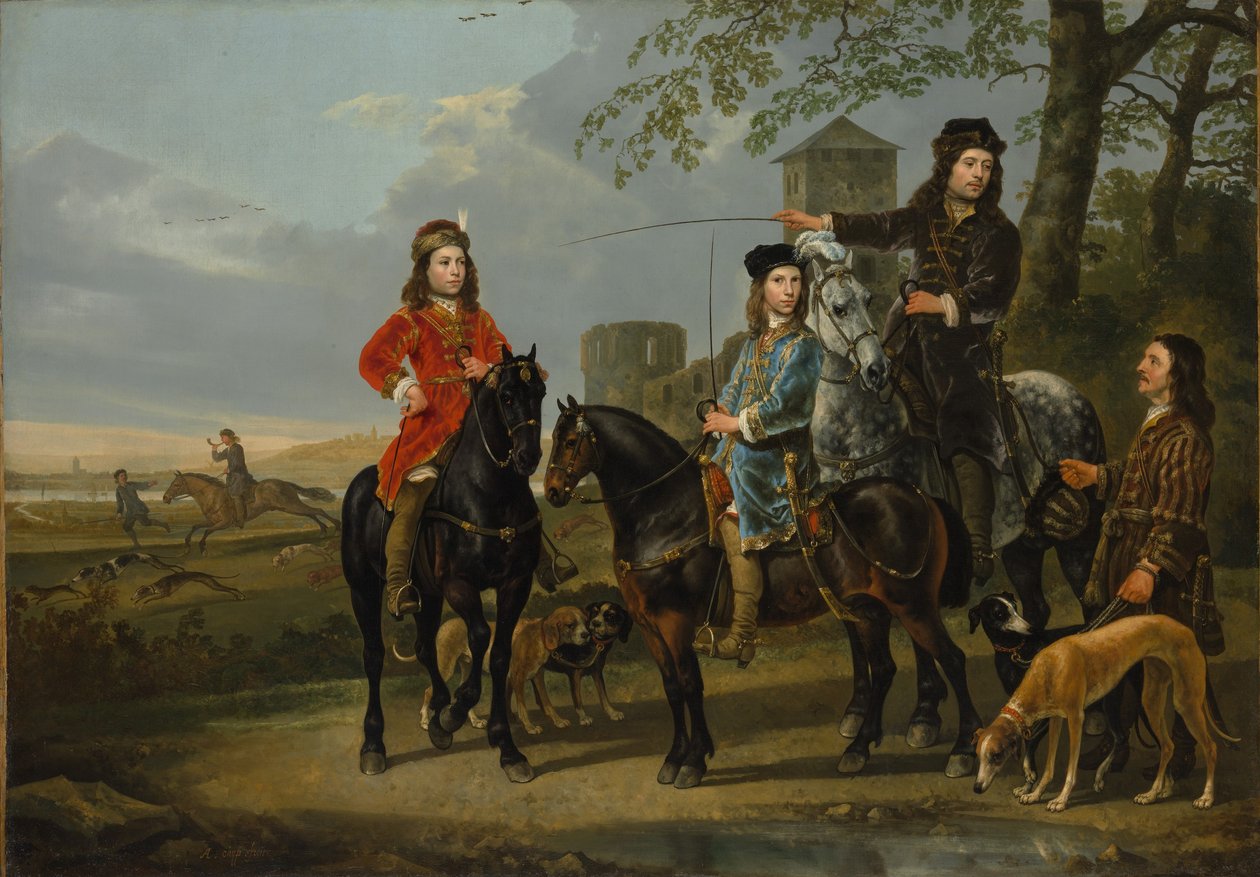 Reiterporträt von Cornelis (1639–1680) und Michiel Pompe van Meerdervoort (1638–1653) mit ihrem Tutor und Kutscher von Aelbert Cuyp