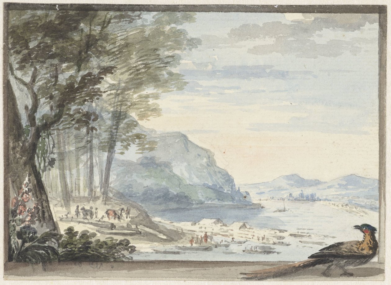 Flusslandschaft mit einem Huhn im Vordergrund von Aert Schouman