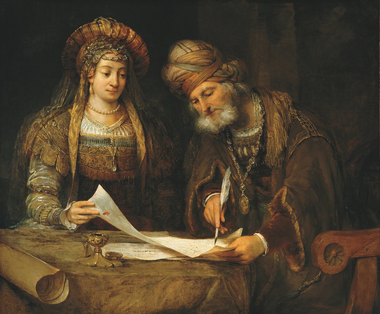 Esther und Mordechai schreiben den ersten Brief von Purim, ca. 1675 von Aernt de Gelder