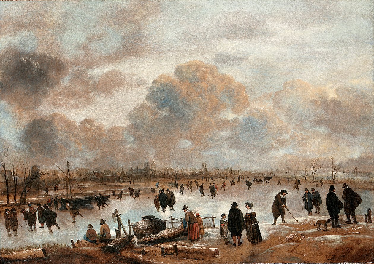 Eine Winterlandschaft mit Schlittschuhläufern und Stadtbewohnern auf einem zugefrorenen Wasserweg von Aert van der Neer