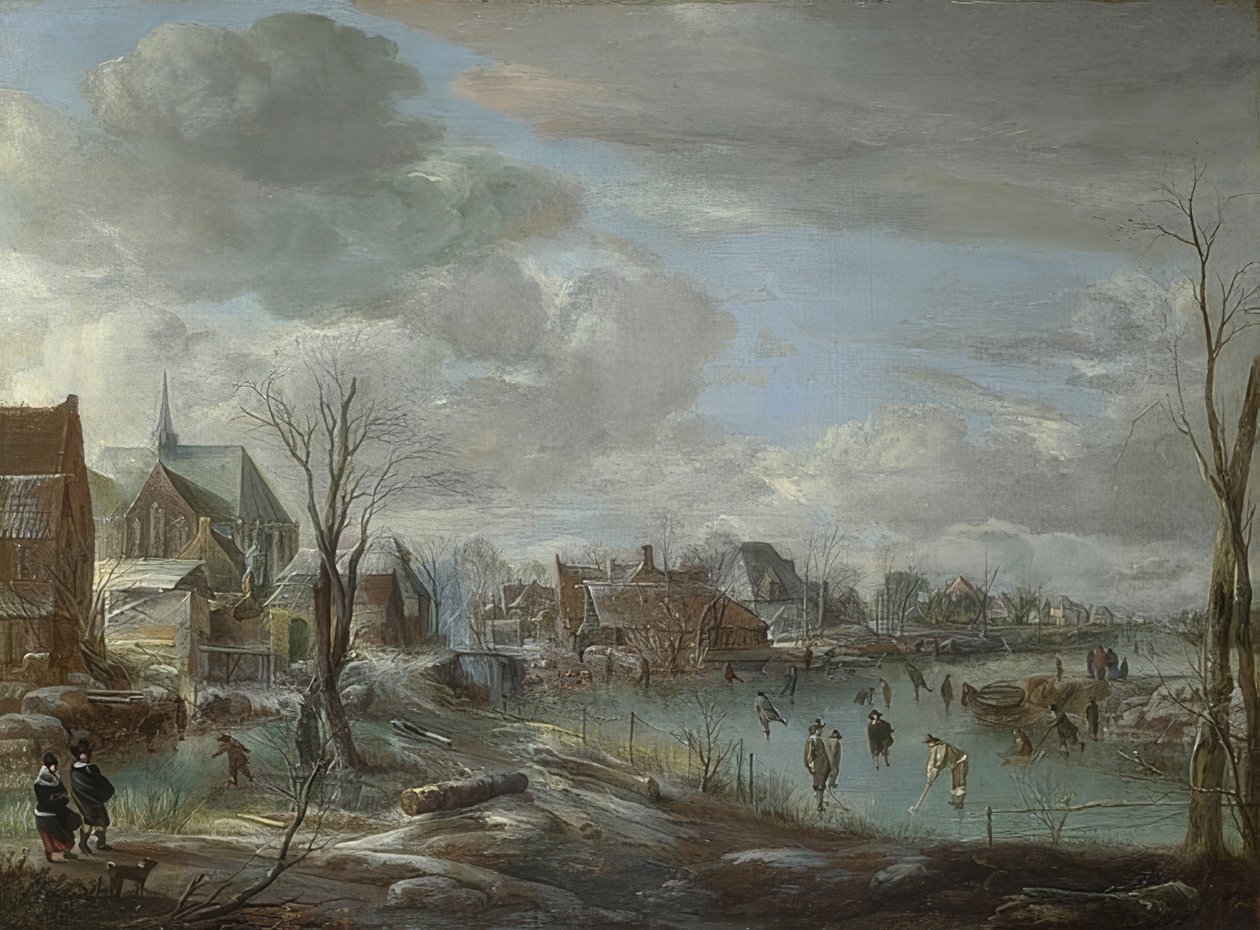 Ein gefrorener Fluss nahe einer Stadt mit Golfspieler und Schlittschuhläufer. Um 1648 von Aert van der Neer