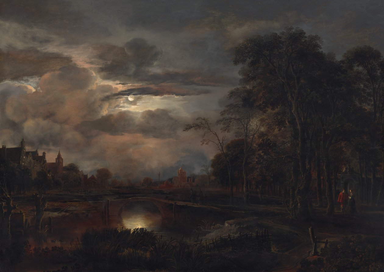 Mondscheinlandschaft mit Brücke, wahrscheinlich 1648-1650 von Aert van der Neer