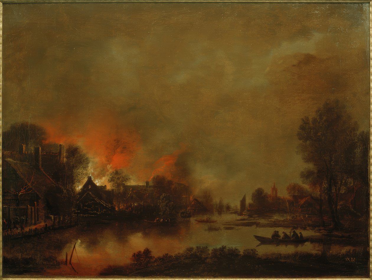 Nächtliche Kanallandschaft mit Feuer in einem Dorf von Aert van der Neer der Ältere
