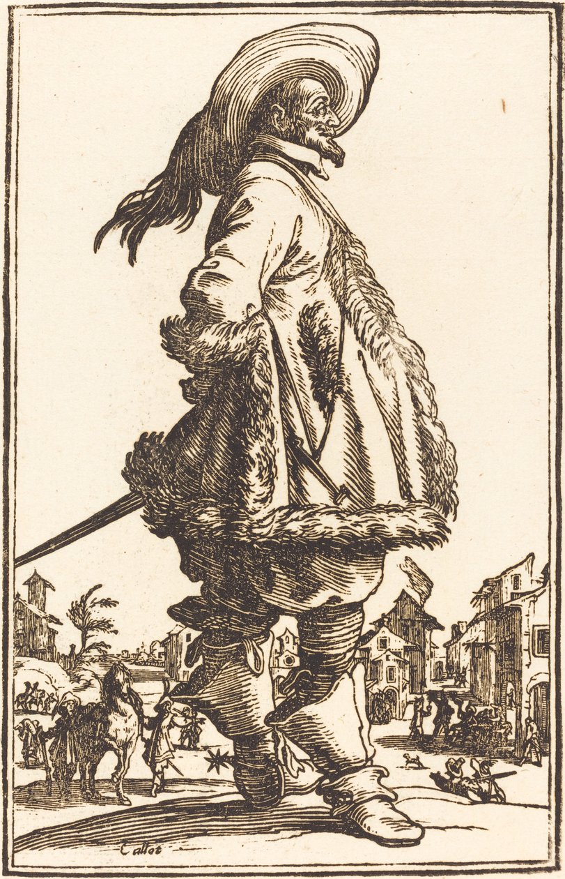 Edelmann mit Pelzbesetztem Mantel, der seine Hände hinter dem Rücken hält von After Jacques Callot