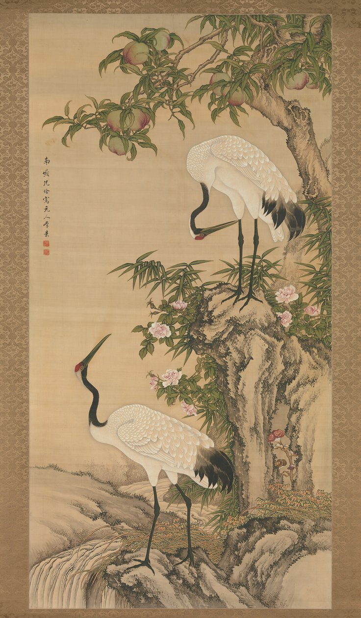 Kraniche, Pfirsichbaum und chinesische Rosen, frühes 18. Jahrhundert von After Shen Quan