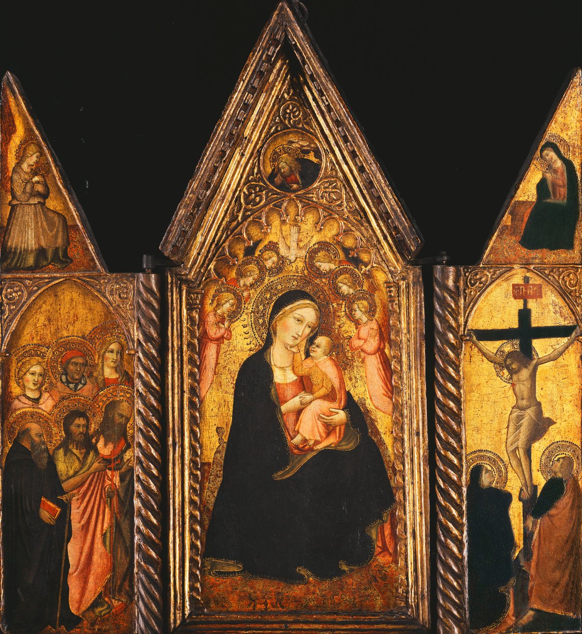 Ein tragbares Triptychon mit der Madonna und dem Kind auf dem Thron mit Engeln von Agnolo Gaddi