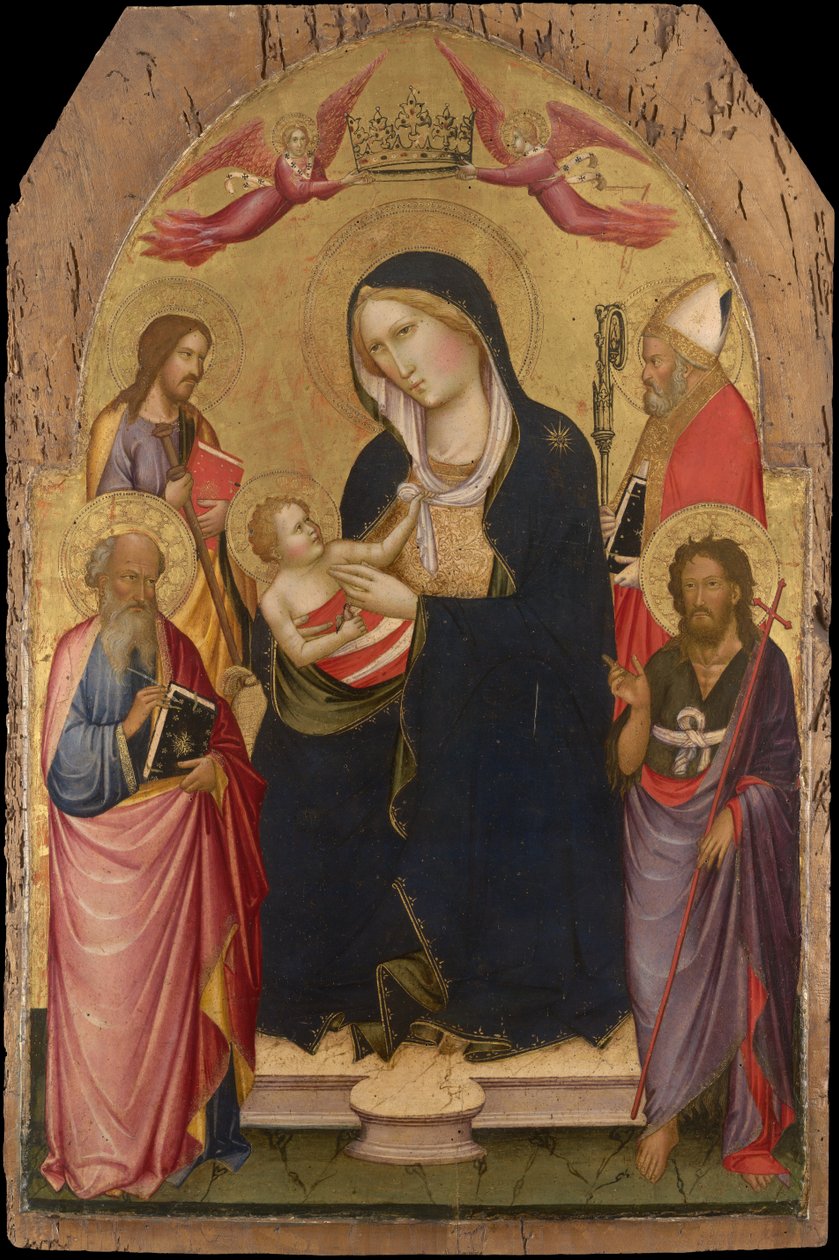 Madonna mit Kind, Johannes dem Evangelisten, Johannes dem Täufer, Jakobus von Compostela und Nikolaus von Bari von Agnolo Gaddi