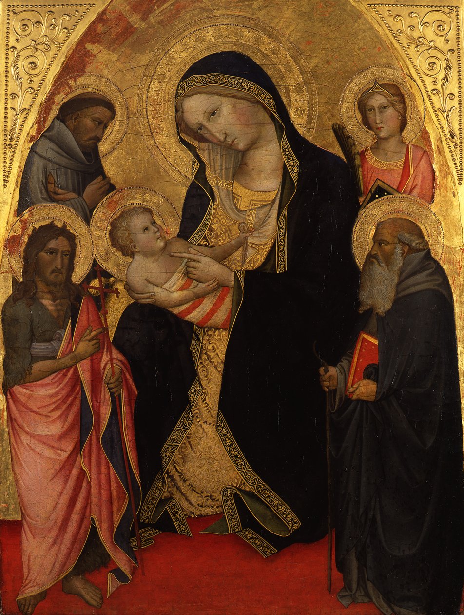 Maria mit dem Kind und den Heiligen Johannes dem Täufer, Franziskus, Antonius Abbas und einer weiblichen Märtyrerin von Agnolo Gaddi