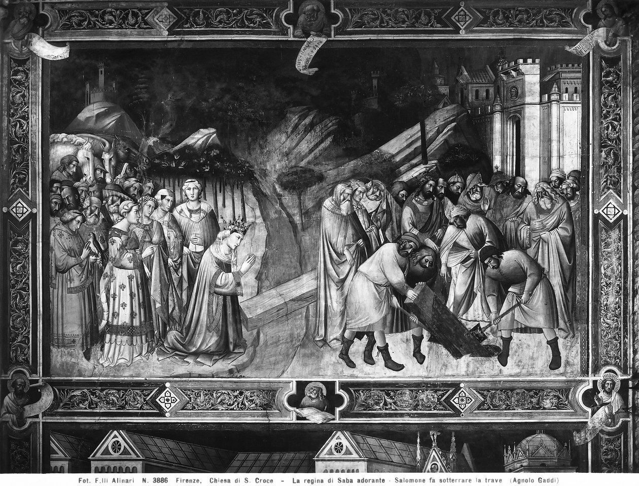 Königin von Saba verehrt das Kreuz und Salomo begräbt einen der Balken des Kreuzes von Agnolo Gaddi