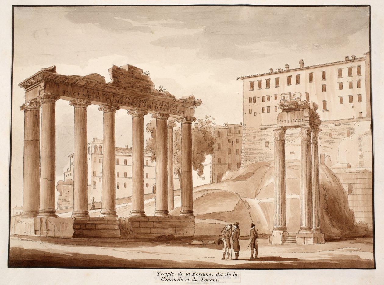 Der Tempel des Glücks, bekannt als der Tempel der Eintracht und der Tempel des Jupiter Tonans, 1833 (Radierung mit brauner Waschung) von Agostino Tofanelli