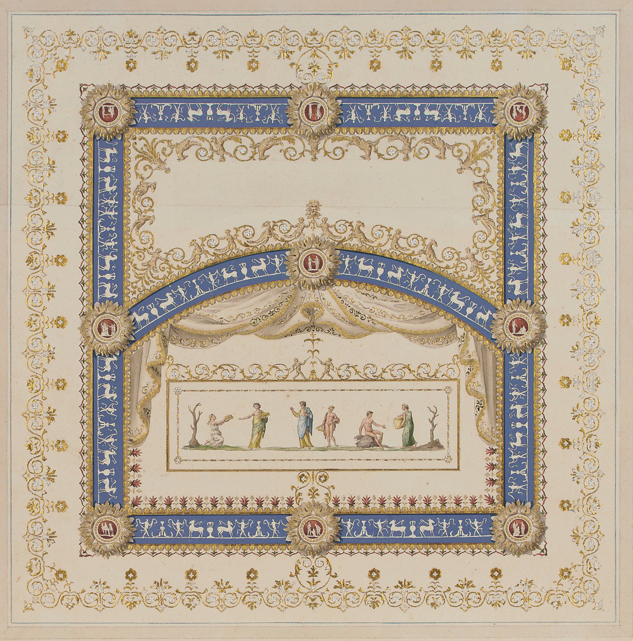 Deckenentwürfe im antiken Stil, mit zentralen Szenen der Götter in Friesen von Agostino (attr.) Brunias
