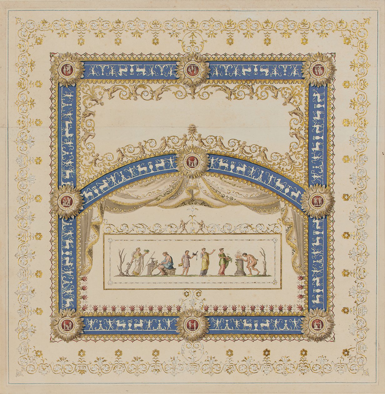 Deckenentwürfe im antiken Stil, mit zentralen Szenen der Götter in Friesen von Agostino (attr.) Brunias