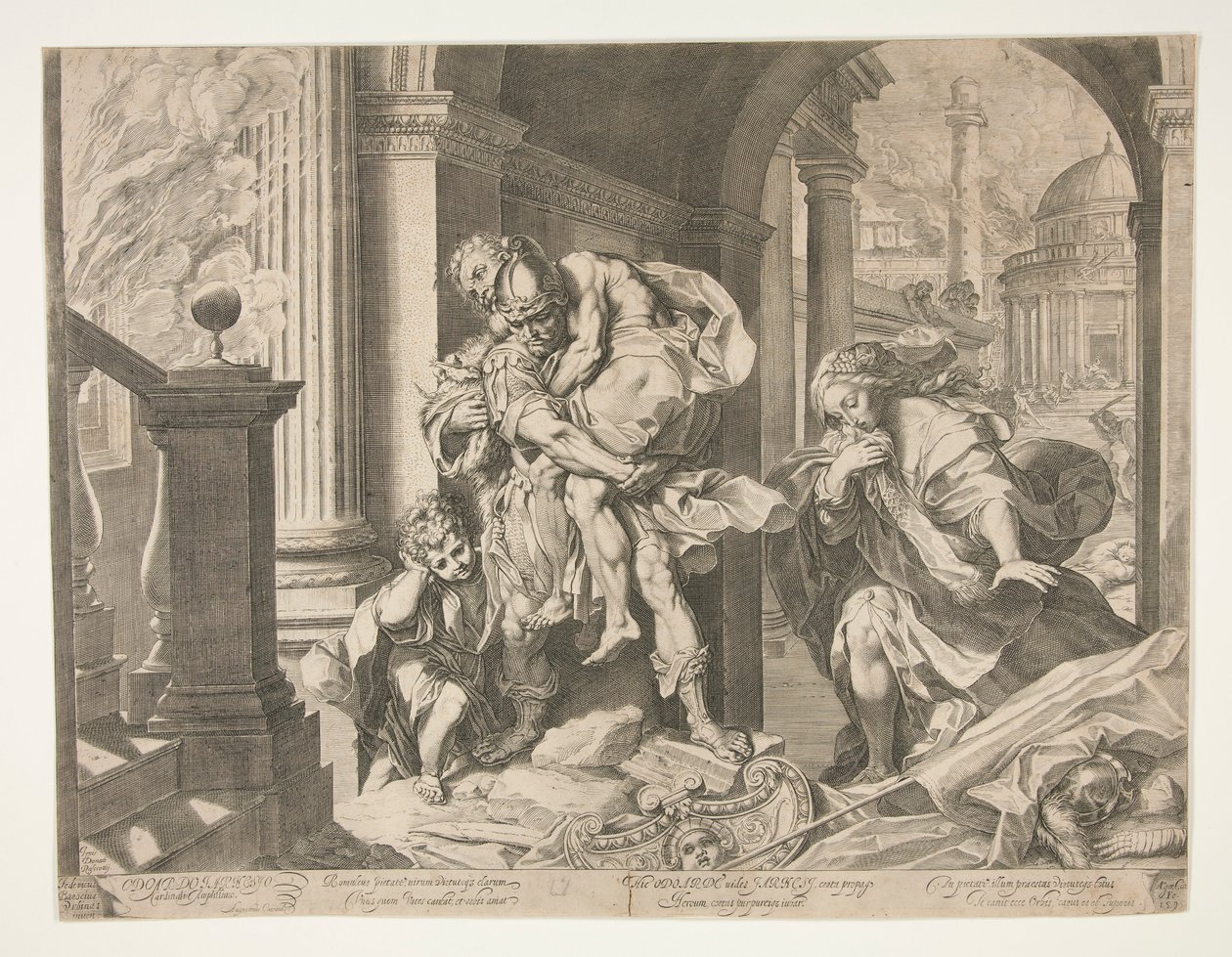 Aeneas und seine Familie fliehen aus Troja von Agostino Carracci