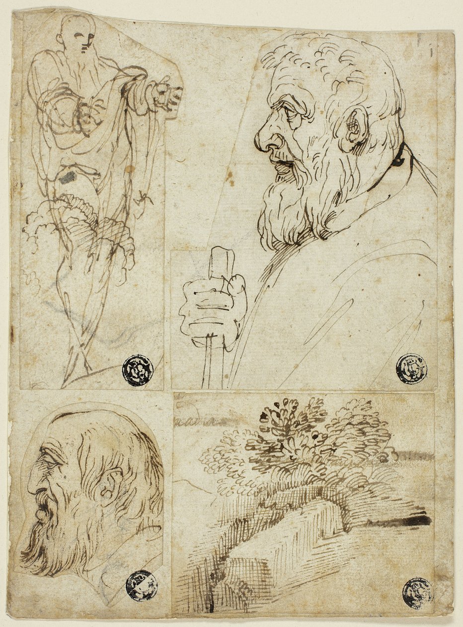 Vier Skizzen: Stehende männliche Figur; Profilbüste eines bärtigen Mannes; Profilkopf eines bärtigen Mannes; Landschaft von Agostino Carracci