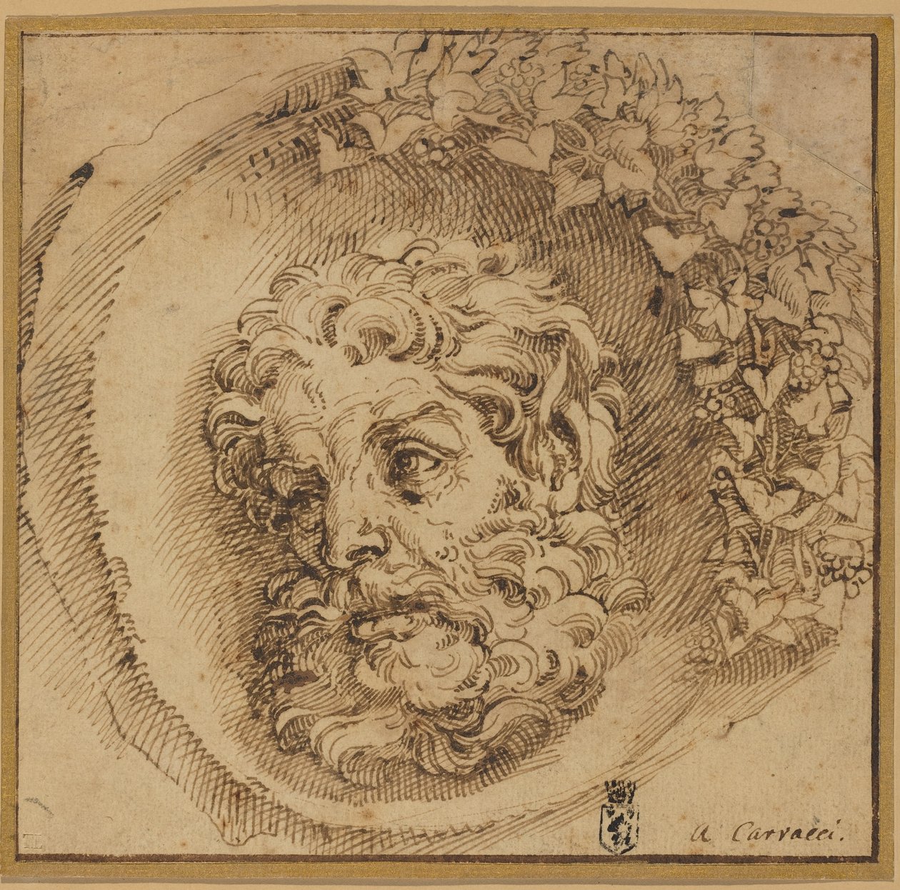 Kopf eines Fauns in einem konkaven Rundel von Agostino Carracci