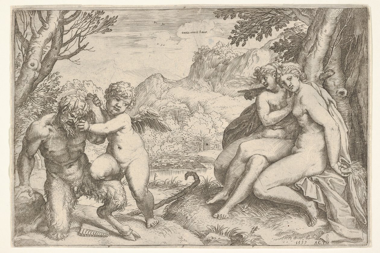 Die Liebe besiegt alles Omnia vincit Amor, im Kampf mit einem Satyr von Agostino Carracci