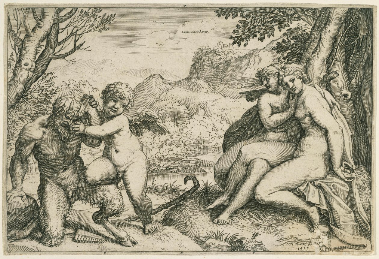 Omnia vincit Amor (Amor überwältigt Pan, rechts zwei Nymphen unter einem Baum, in einer Landschaft) von Agostino Carracci