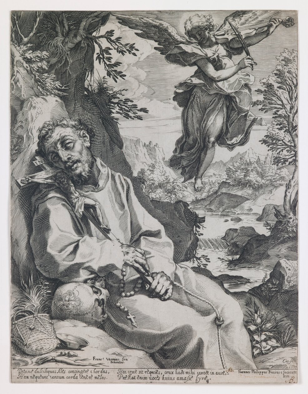 Der heilige Franziskus wird von dem musizierenden Engel getröstet von Agostino Carracci