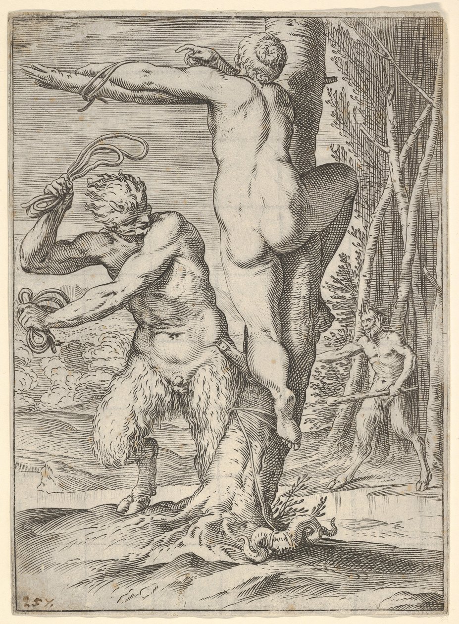 Satyr peitscht eine Nymphe, die von hinten gezeigt und an einen Baum gebunden ist von Agostino Carracci