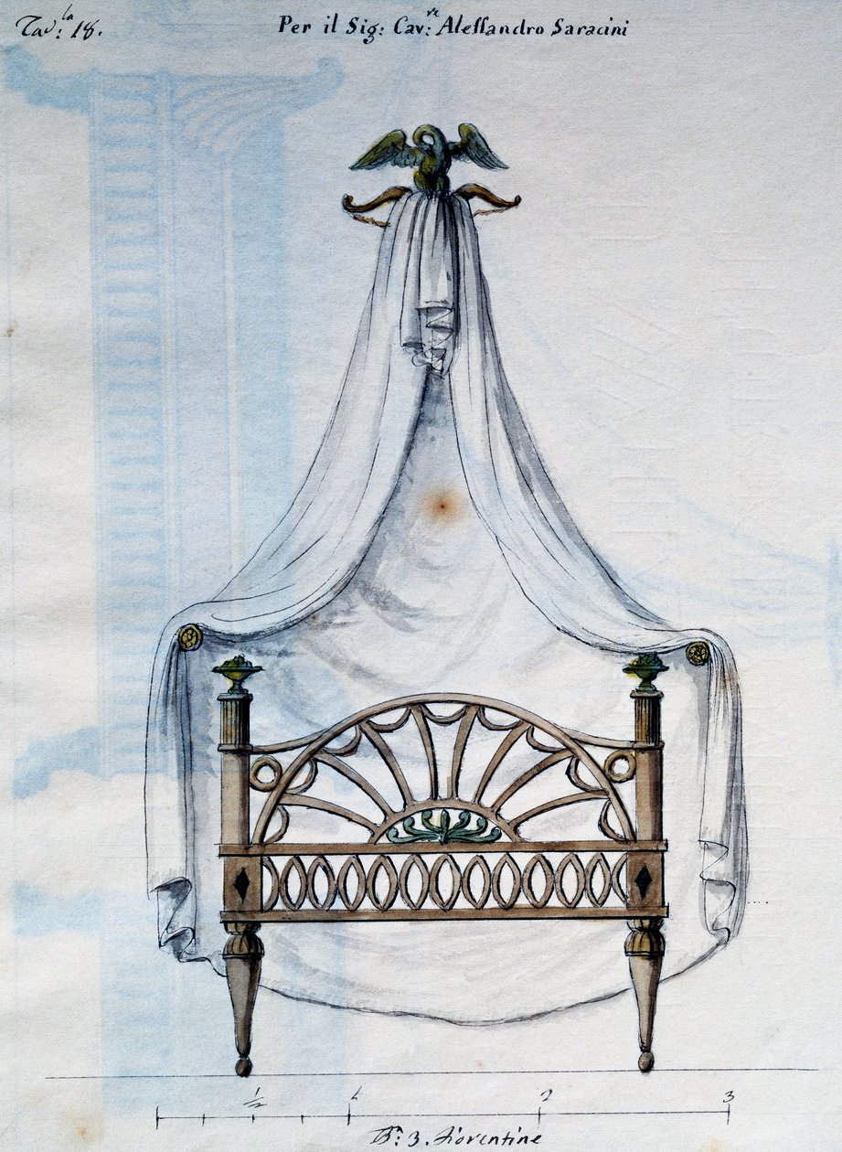 Himmelbett für Alexander Saracens, aus Lavori di falegname e Fabbro ideati e disegnati da me Agostino Fantastici, Manuskript 3, Tafel 18 von Agostino Fantastici