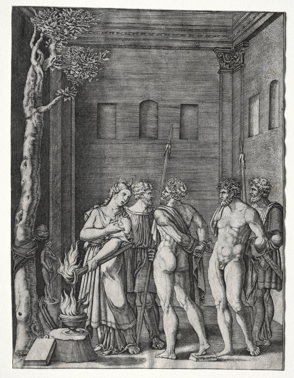 Orestes und Pylades werden Iphigenie zum Opfer gebracht, 1514-1536 von Agostino Musi