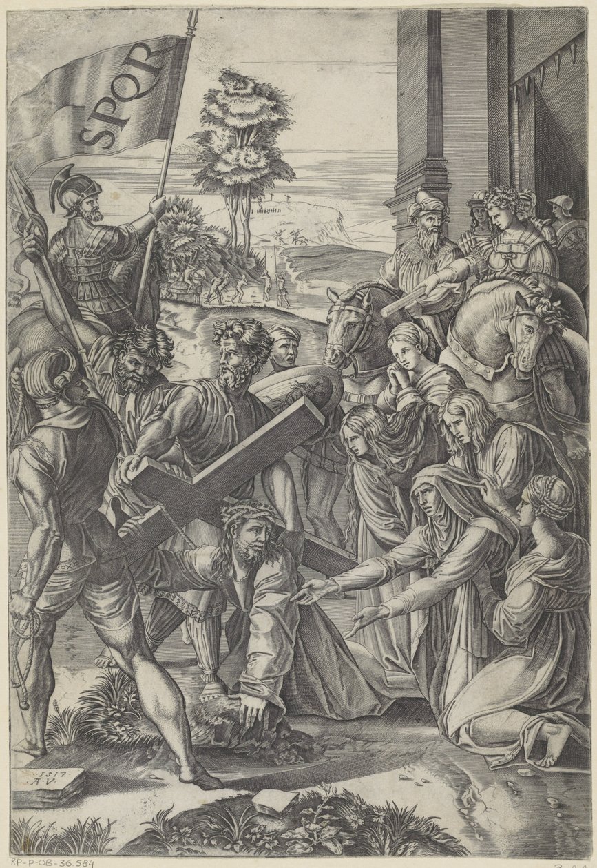Christus bricht unter dem Gewicht des Kreuzes zusammen von Agostino Veneziano