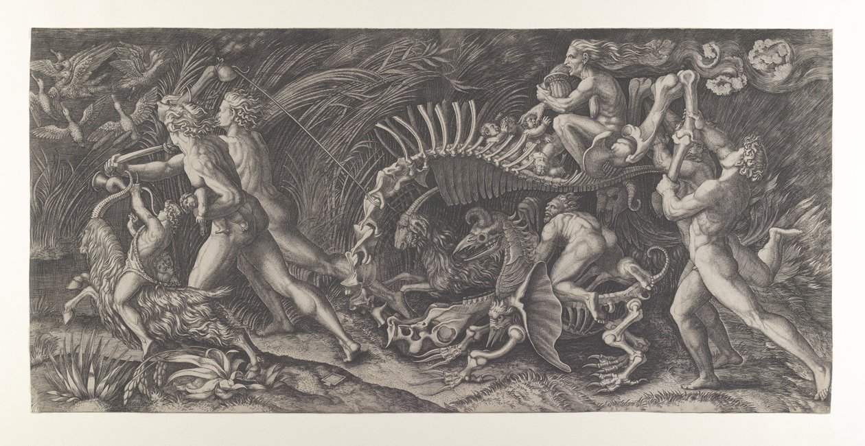 Lo Stregozzo: eine weibliche Hexe reitet auf einem Tierskelett, gefolgt von zwei Männern, ca. 1515-25 von Agostino Veneziano