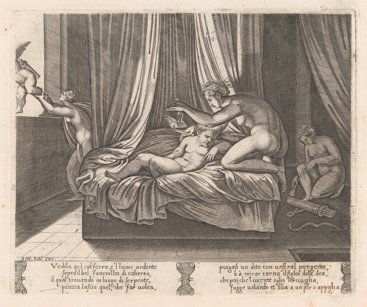 Psyche betrachtet Amor, aus der Geschichte von Amor und Psyche, erzählt von Apuleius von Agostino Veneziano