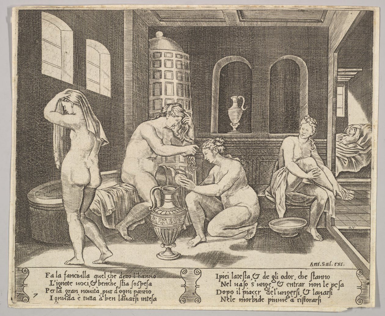 Tafel 7: Psyche wird in ihrem Bad von Nymphen bedient, im Hintergrund rechts Psyche repr..., ca. 1520-36 von Agostino Veneziano