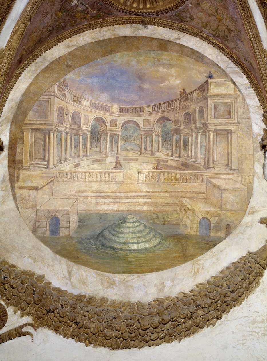Schützezeichen (aufsteigende Arcturus-Konstellation) Ostwand: Fähigkeit, Wächter königlicher Gebäude zu werden. Hier sehen wir den Palast des Te. Fresko von Agostino da Mozzanega (aktiv von 1527 bis 1539) 1528 Halle der Winde (oder des Tierkreises) Te-Pala von Agostino da Mozzanega