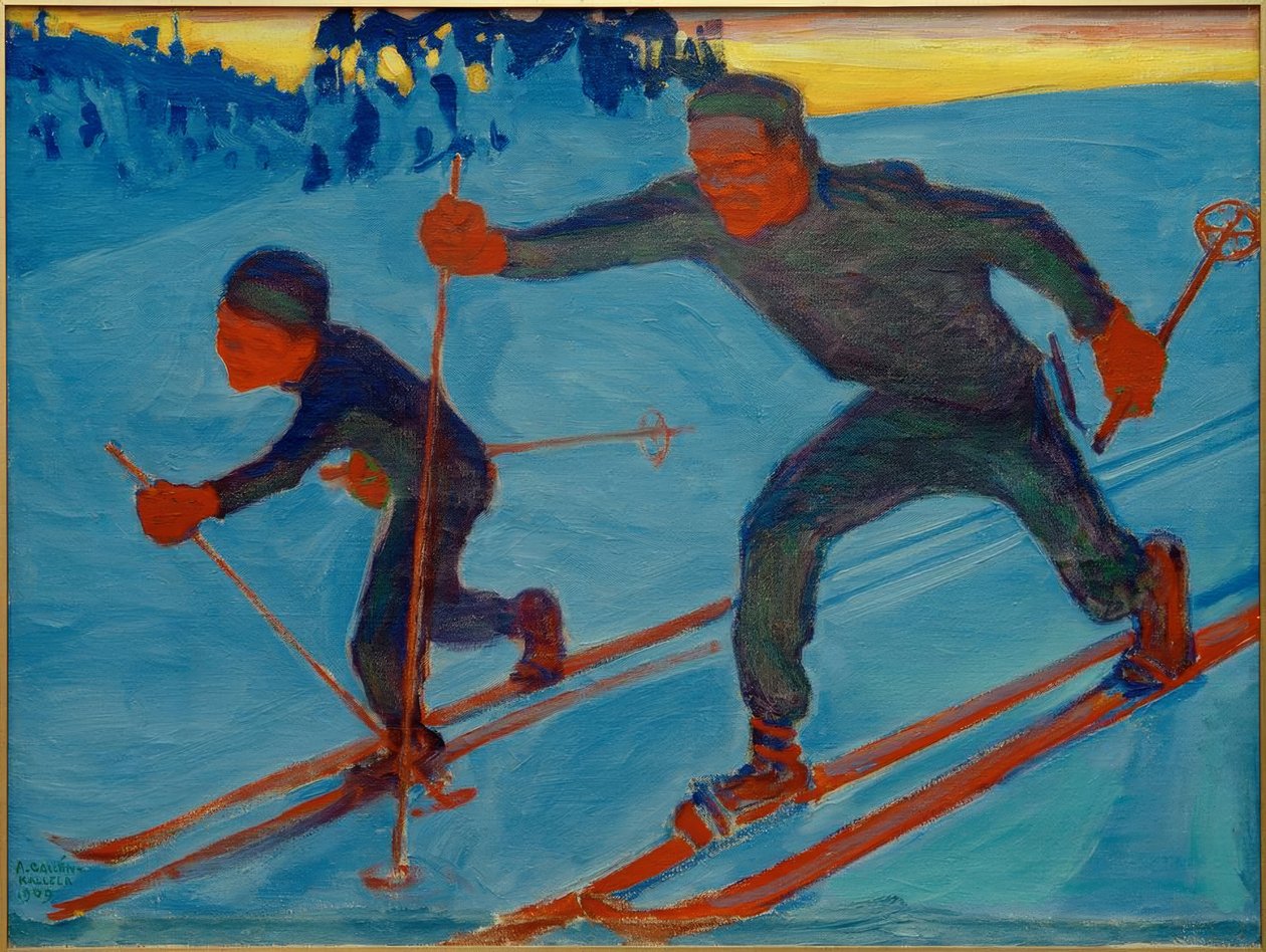 Akseli und Jorma beim Skifahren von Akseli Valdemar Gallen Kallela