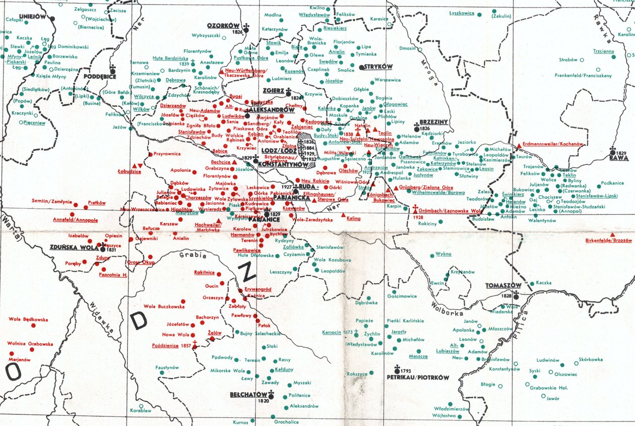 Siedlungen 1938 um Łódź zwischen den Flüssen Warta (W), Bzura (N) und Pilica (SE) von Albert Breyer