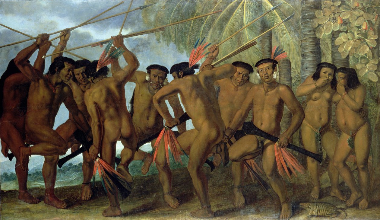 Tapuya-Männer aus Nordostbrasilien im Kriegstanz, 1641 von Albert van der Eeckhout