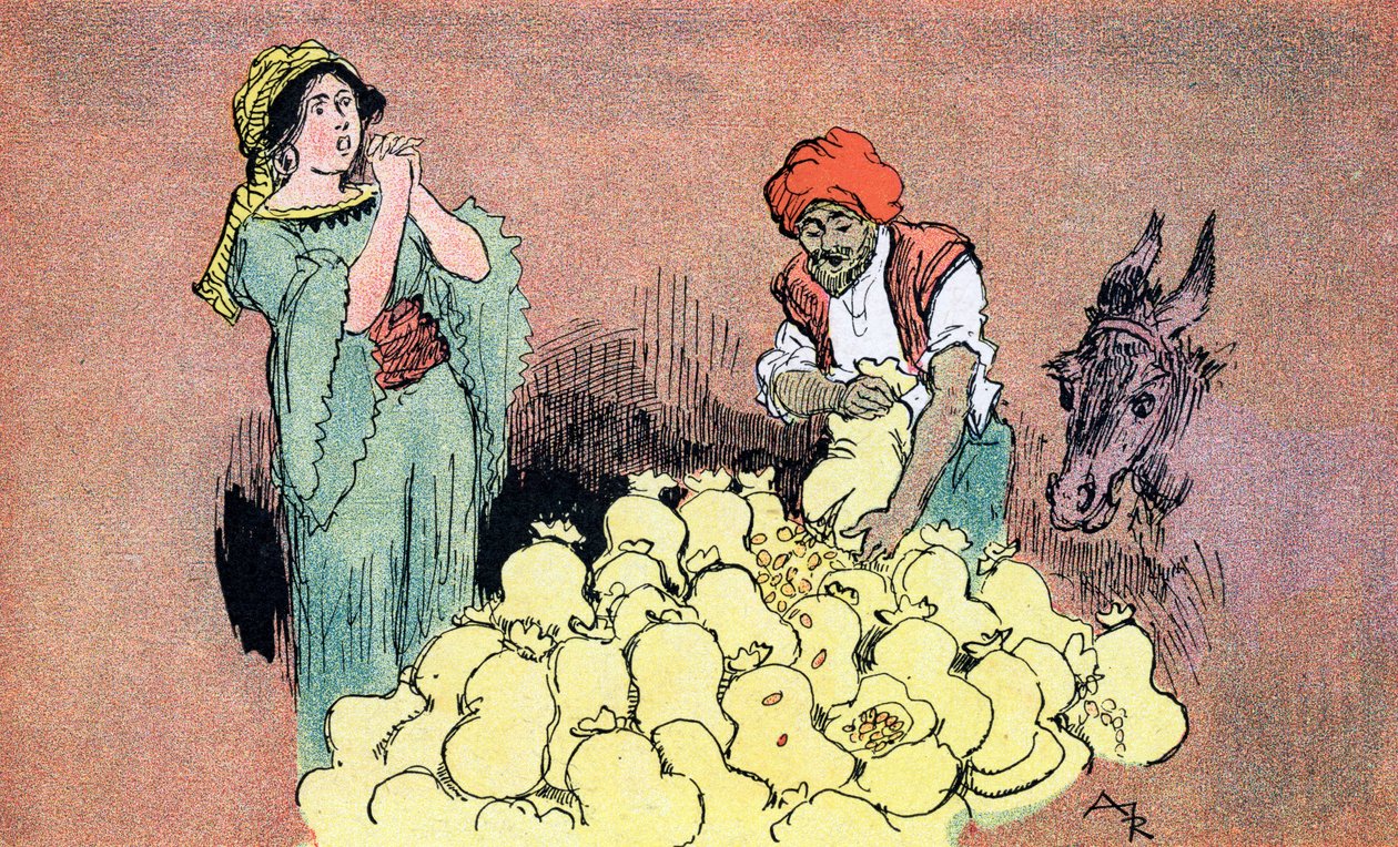 Ali Baba zeigt seiner Frau die Goldsäcke. Illustration von Albert Robida für Ali Baba und die vierzig Räuber, 1945, Privatsammlung von Albert (after) Robida