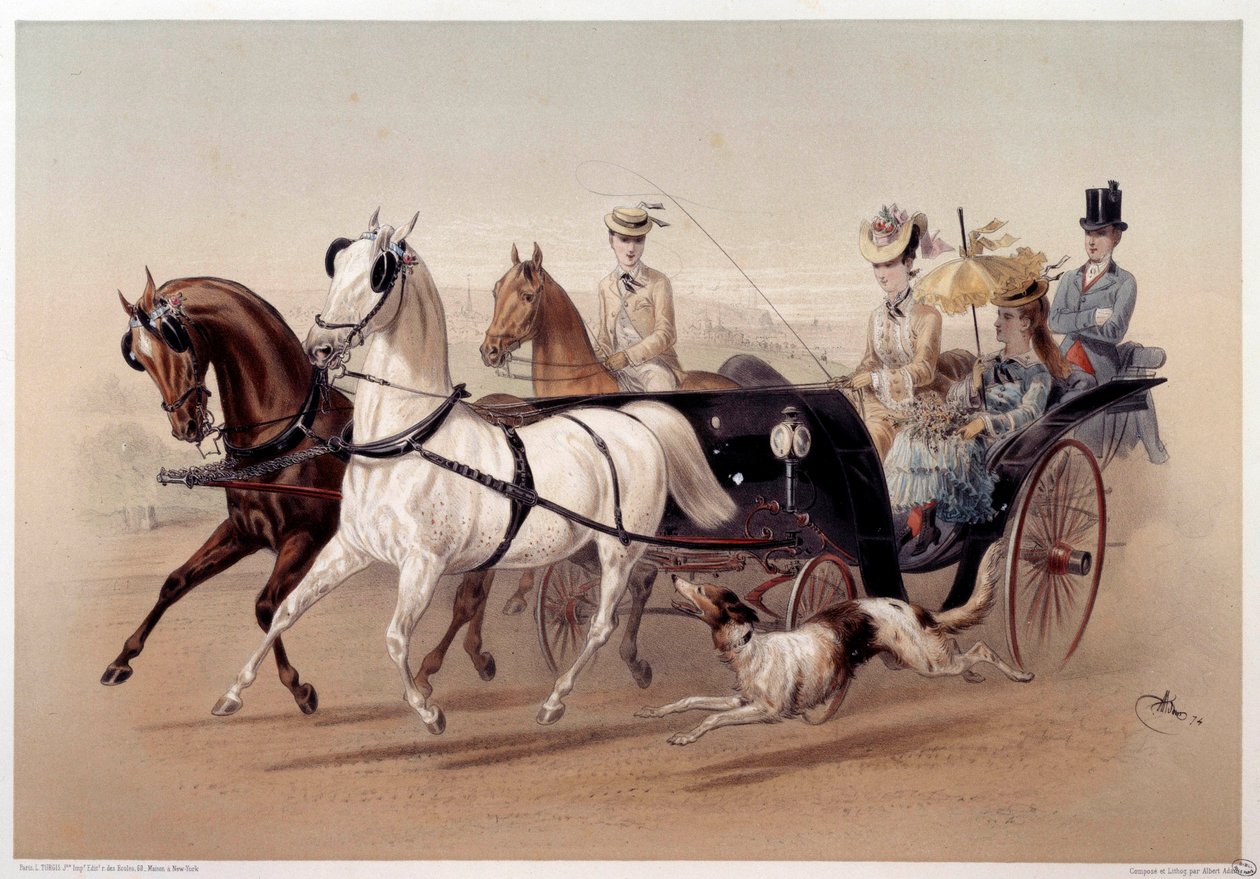 Ein Victoria-Wagen und die Pferde von Tarbes (Druck von Albert Adam, 19. Jahrhundert, Paris, Musée Carnavalet) von Albert Adam
