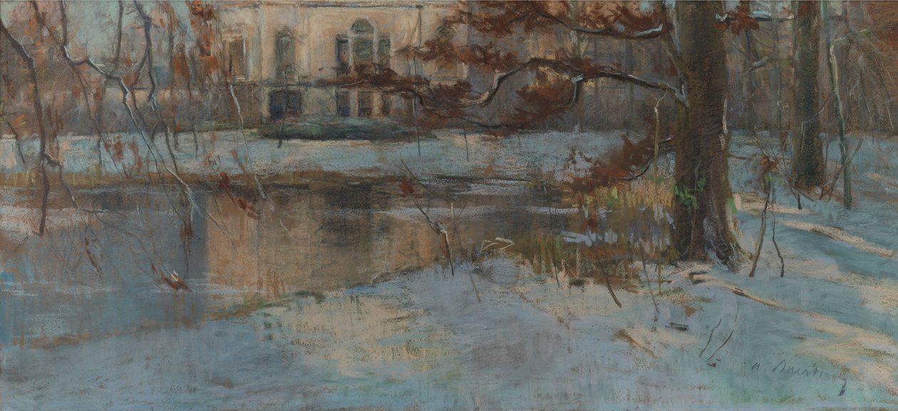 Ecke eines Teiches, Schnee (Landhaus und Park unter Schnee) von Albert Baertsoen