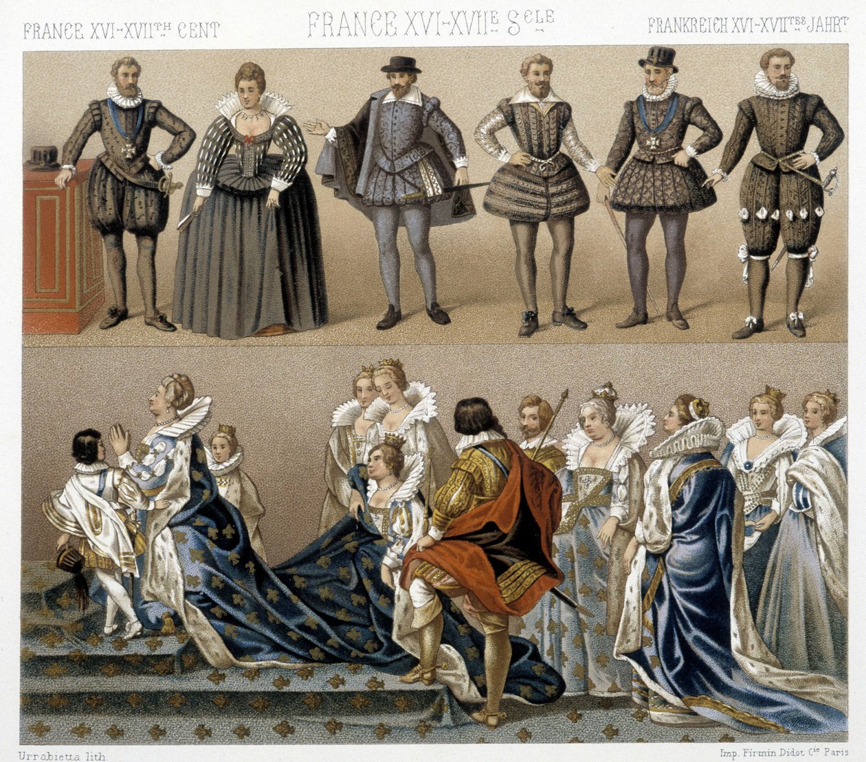 Kostüme von Königin Marguerite von Frankreich (unten) und Heinrich IV. (oben) im 17. und 18. Jahrhundert. Illustration in „Le costume historique“ von Racinet von Albert Charles August Racinet