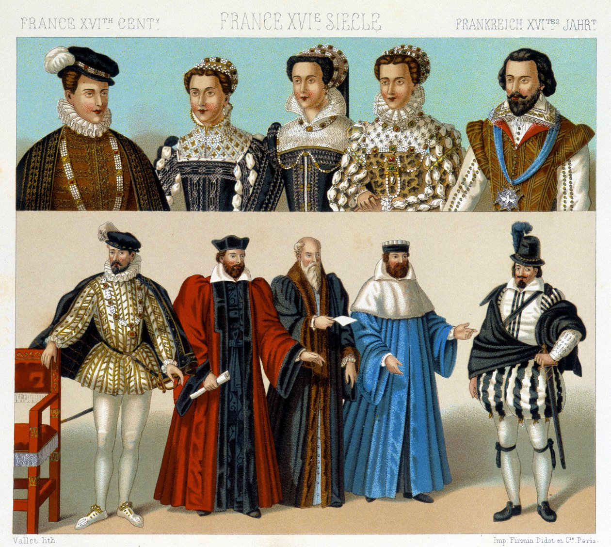Kostüme von Adligen und Magistraten in Frankreich im 17. Jahrhundert. Chromolithographische Platte - in „Le costume historique“ von Racinet von Albert Charles August Racinet