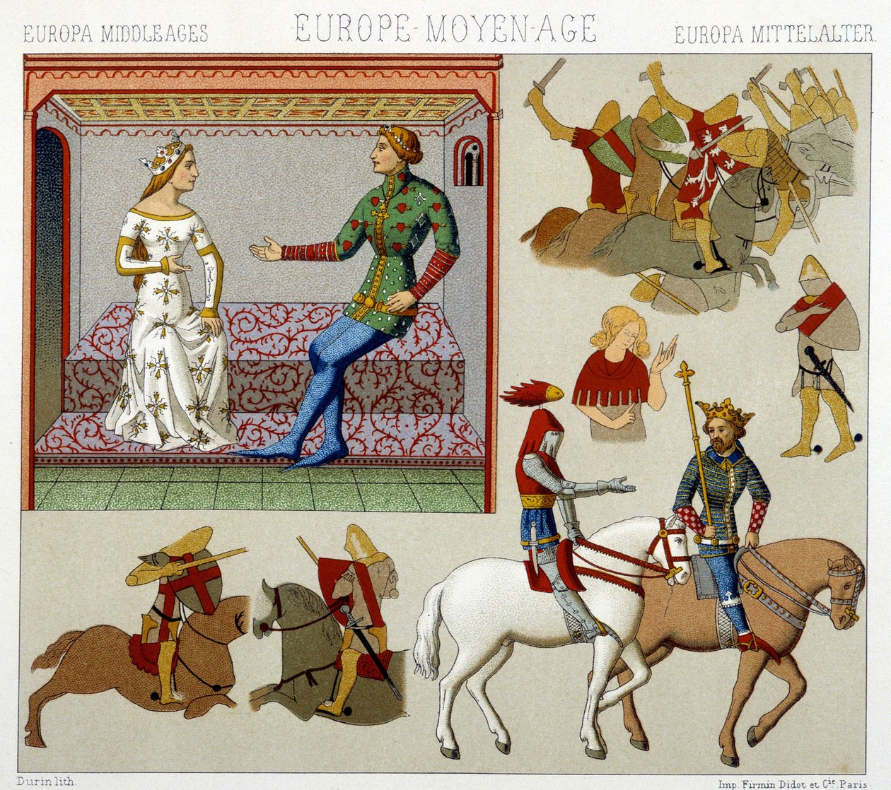Kostüme des Mittelalters in Frankreich. Chromolithographische Platte - in „Le costume historique“ von Racinet von Albert Charles August Racinet