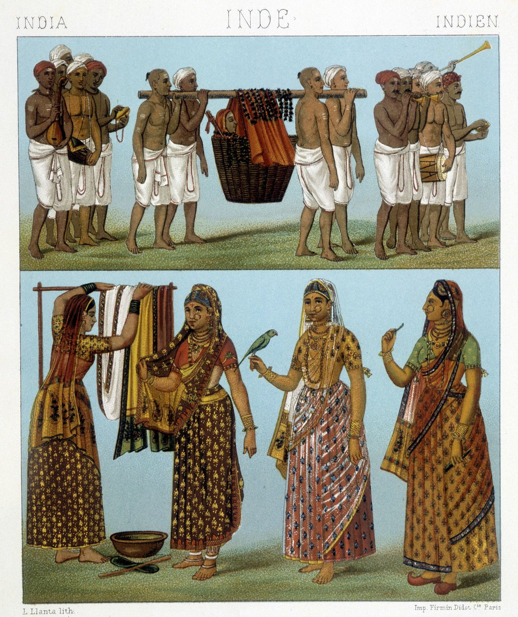 Beerdigung (oben im Bild) und Wäsche (unten im Bild) in Indien. Illustration in „Le costume historique“ von Racinet von Albert Charles August Racinet