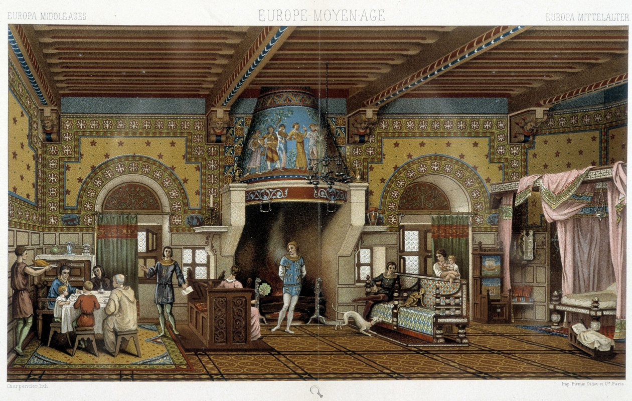 Innenraum eines herrschaftlichen Hauses im Mittelalter - in „The historical costume“ von Racinet von Albert Charles August Racinet