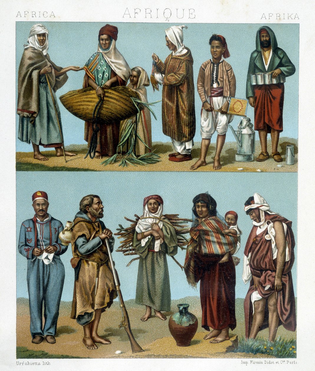 Volkskostüme Afrikas. Illustration in „The historical costume“ von Racinet von Albert Charles August Racinet
