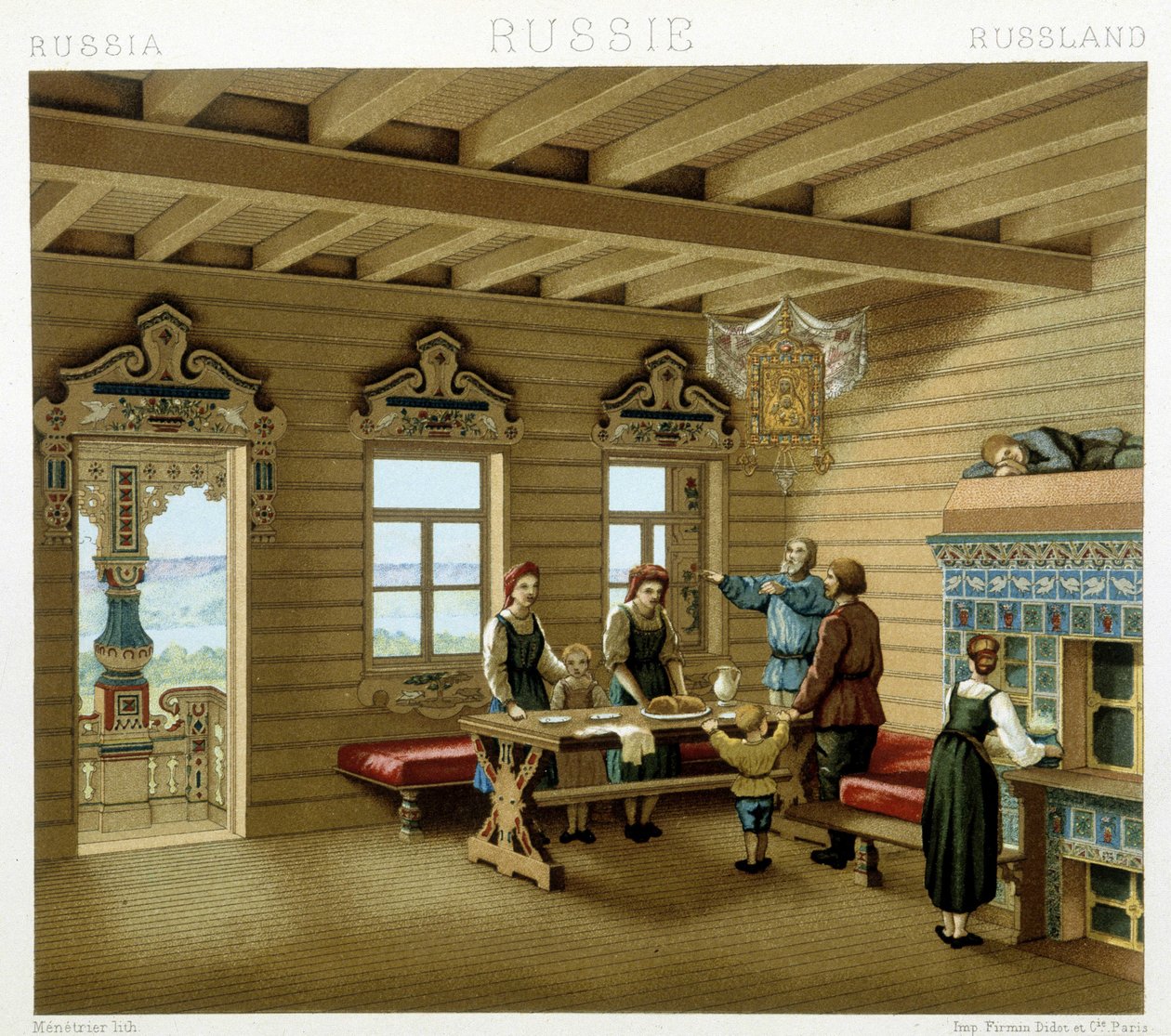 Russische Familie in einer typischen Residenz in Russland im 19. Jahrhundert. Chromolithographische Platte - in „Le costume historique“ von Racinet von Albert Charles August Racinet