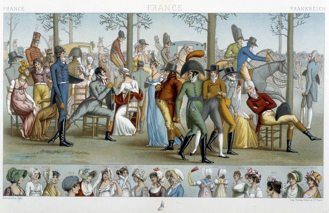 Der Bürger auf dem Weg nach Longchamp, Anfang des 19. Jahrhunderts - in „Le costume historique“ von Racinet von Albert Charles August Racinet