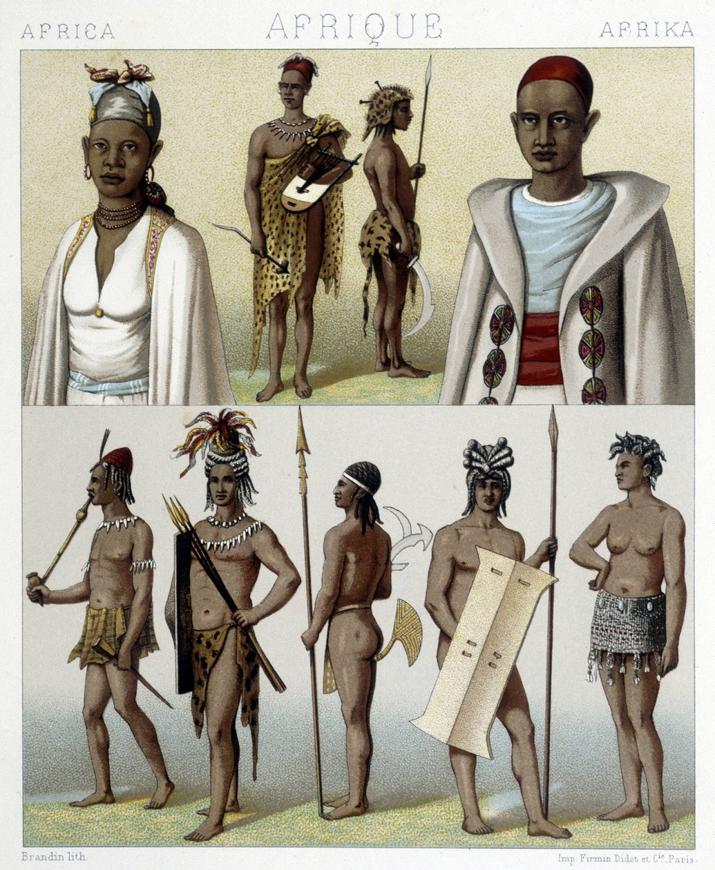 Traditionelle Kostüme und Schmuck aus Timbuktu und Oberer Nil. Illustration in „Le costume historique“ von Racinet von Albert Charles August Racinet