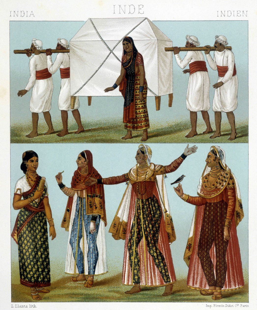 Transport und traditionelle weibliche Kostüme. Illustration in „Le costume historique“ von Racinet von Albert Charles August Racinet
