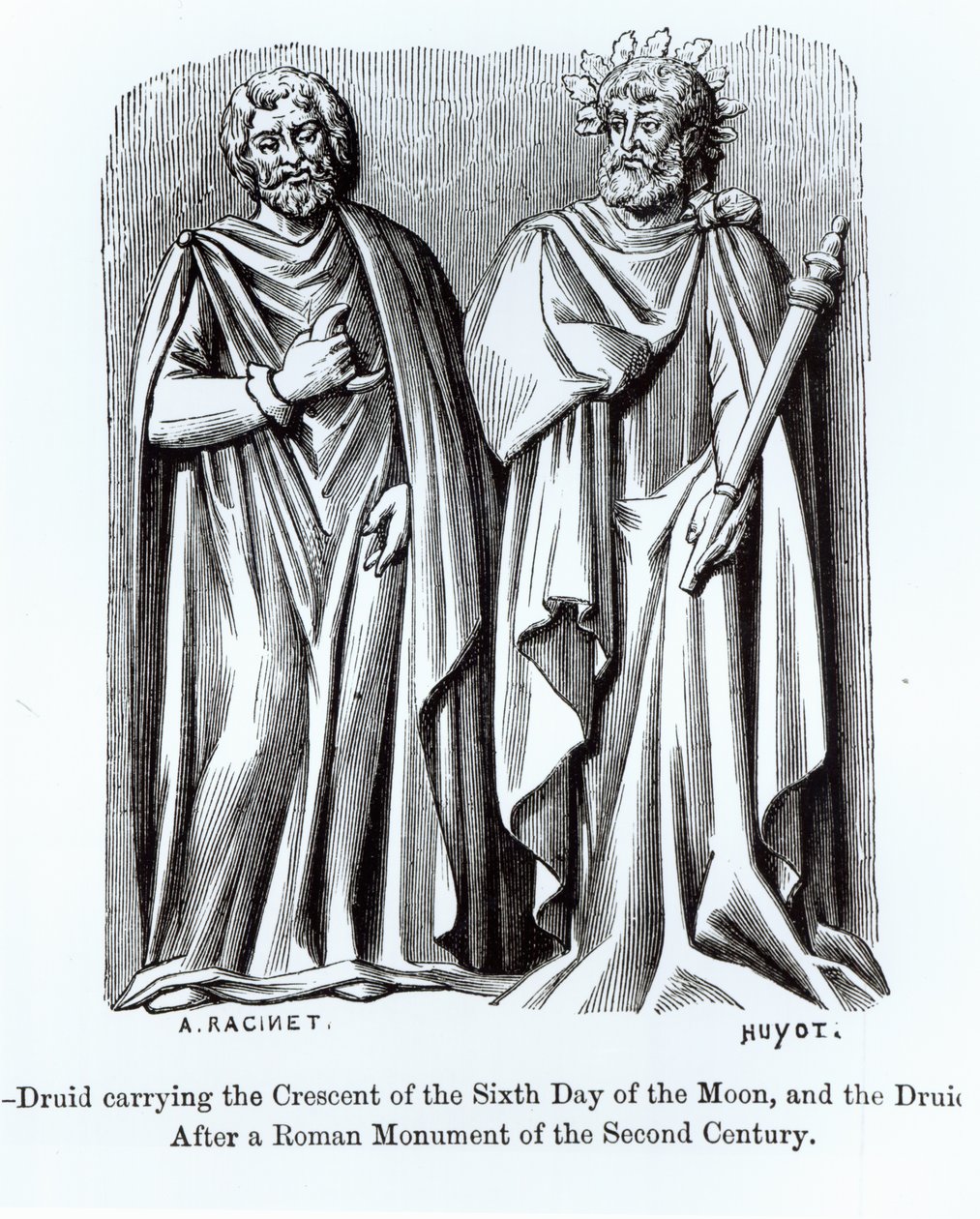Zwei Druiden, einer trägt den Halbmond des sechsten Tages des Mondes, nach einem römischen Denkmal des zweiten Jahrhunderts, Illustration aus Wissenschaft und Literatur im Mittelalter und der Renaissance, geschrieben von Paul Lacroix von Albert Charles August Racinet