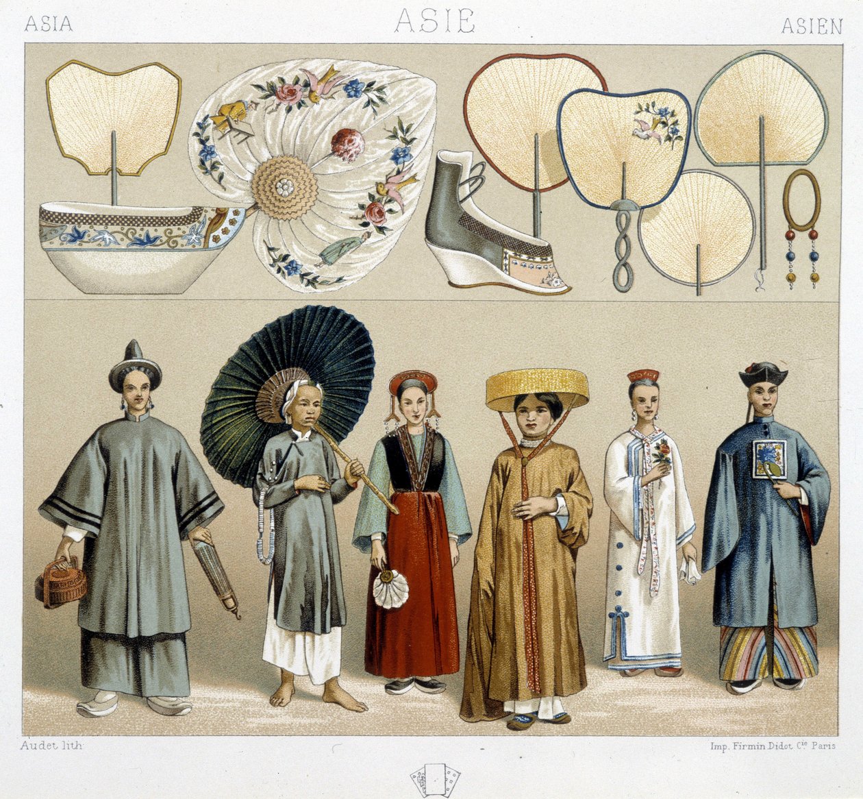 Verschiedene Frauenkostüme in China: Fächer, Schuhe... - in „The historical costume“ von Racinet von Albert Charles August Racinet