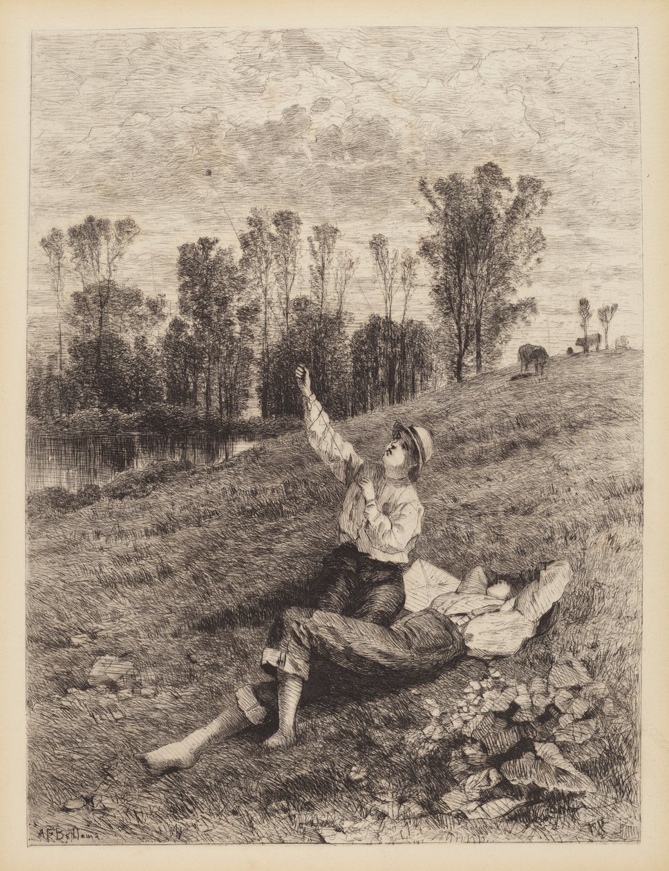 Ohne Titel (Jungen lassen einen Drachen steigen) von Albert Fitch Bellows
