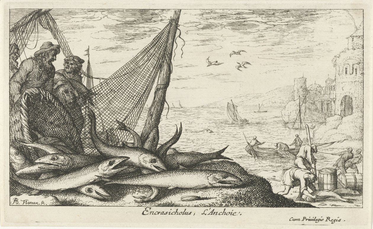 Sardellen bei einem Korb und Fischernetz von Albert Flamen